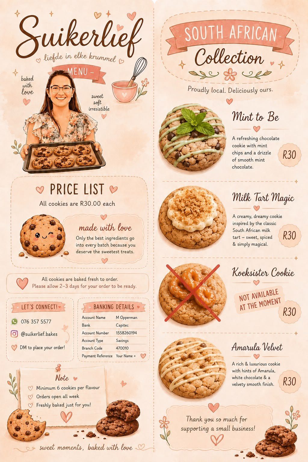 Suikerlief South African Collection cookie menu with prices